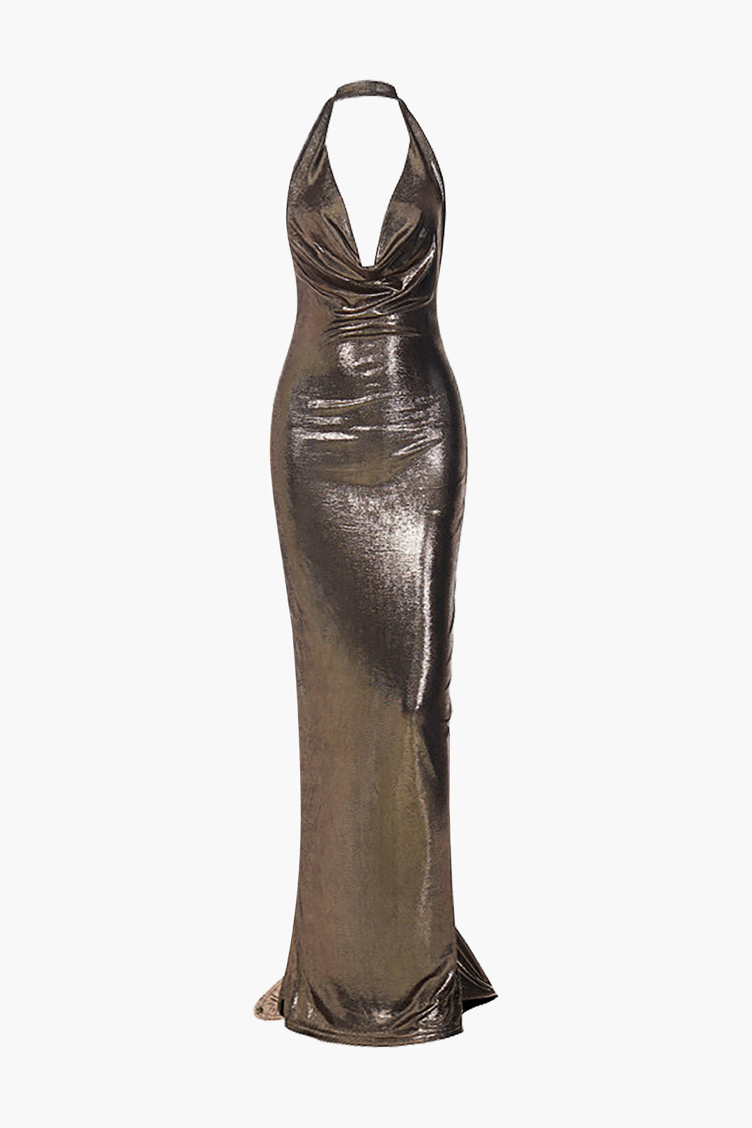 metallic cowl neck halter backless maxi dress Metallic cowl neck ruched halter backless maxi dress - Silver / S