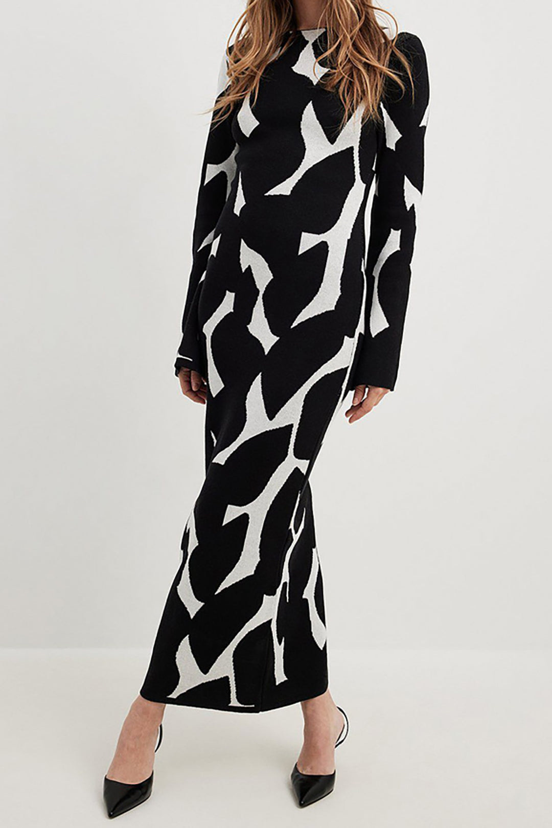 black and white maxi dress with sleeves Monochrome Paneled Long-Sleeve Maxi Dress - Black 6
