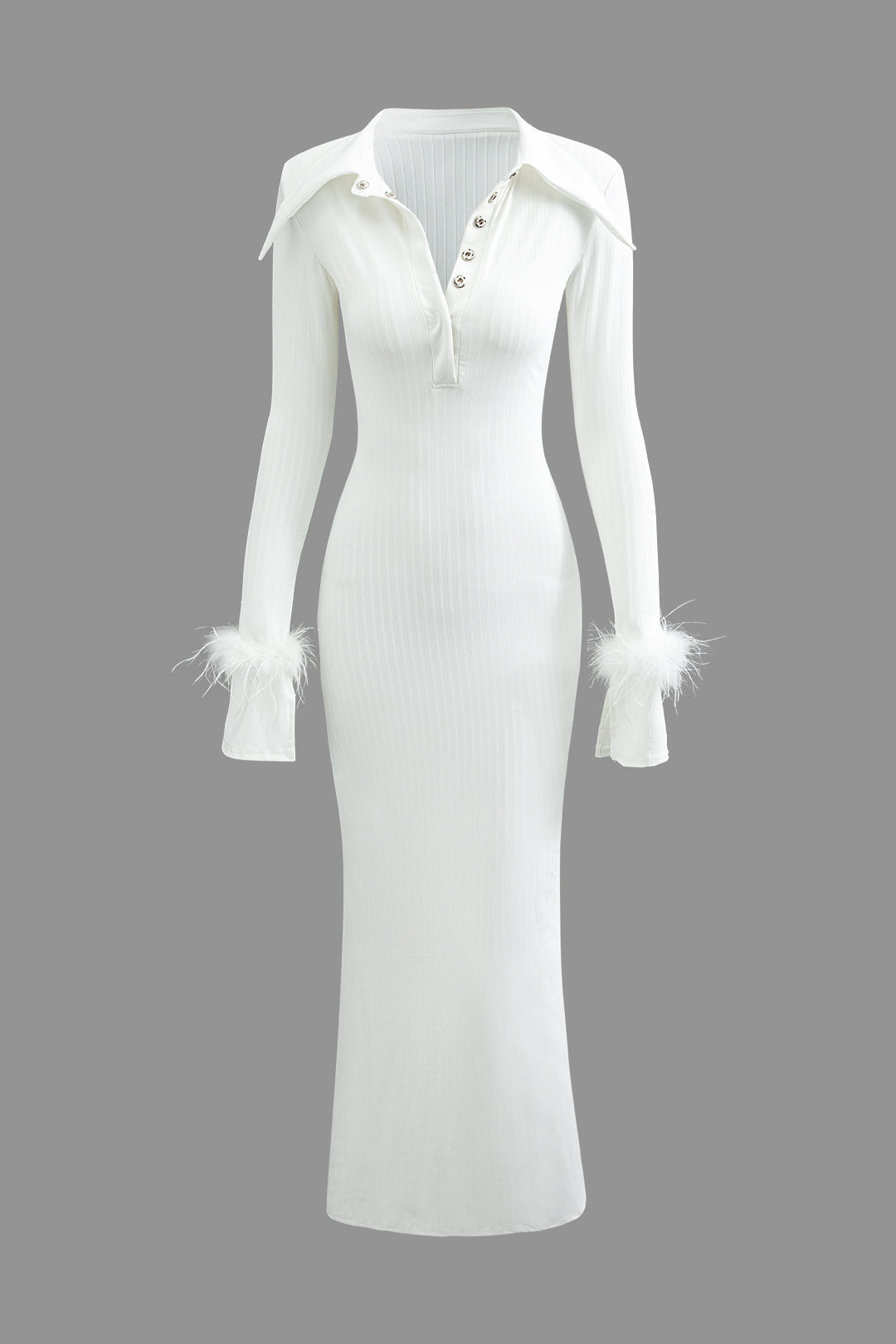 Rib Knit Button Collar Fluffy Cuff Maxi Dress – BellaWear