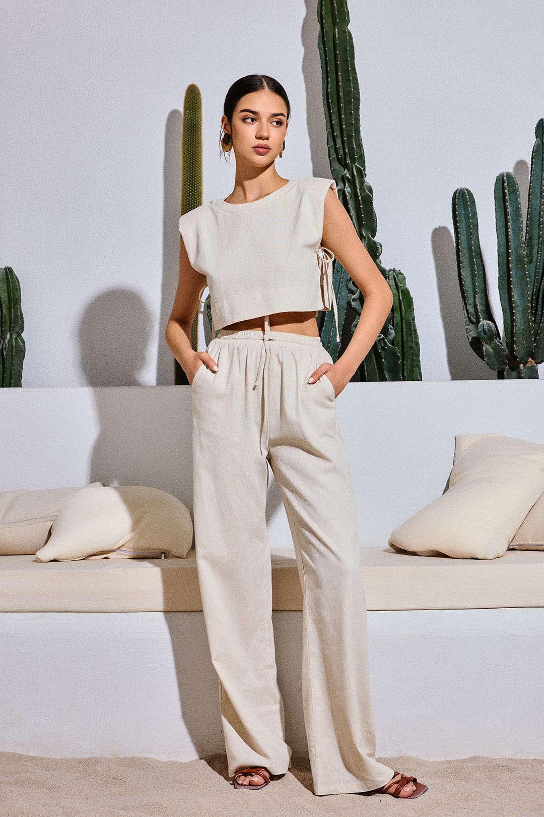 Linen Padded-Shoulder Tie Side Top And Drawstring Pants Set